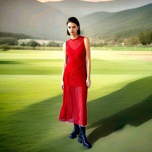 UO Maxine Knit Lace Midi Dress Red Size Large L Urban Outfitters